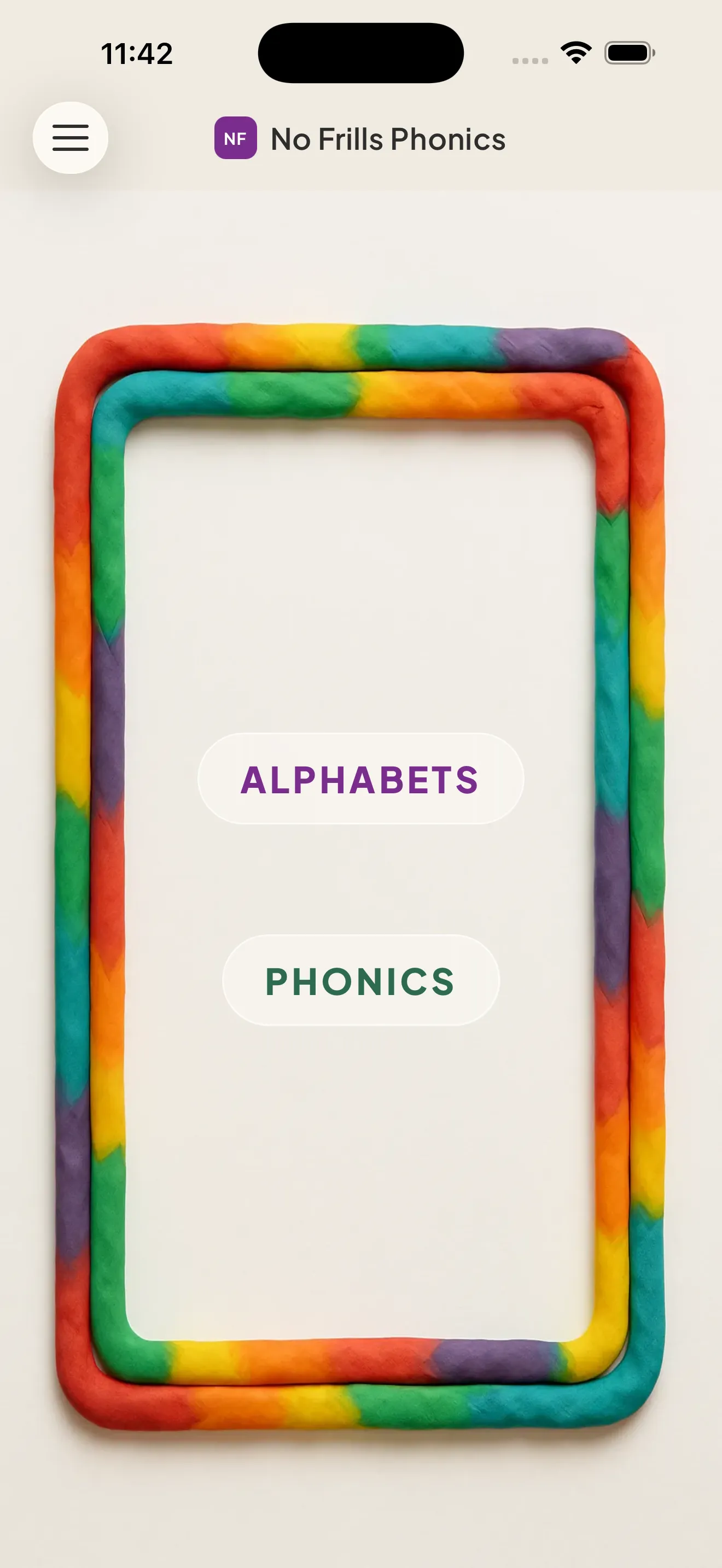 No Frills Phonics app home screen with letter sounds
